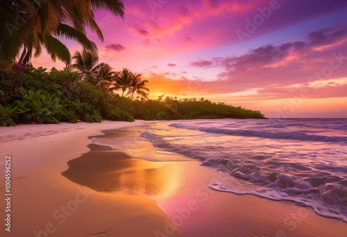 lush tropical foliage framing serene beach sunset vibrant colors calming atmosphere, azure, blissful, beautiful, canary, coast, coastal, dusk, evening, exotic