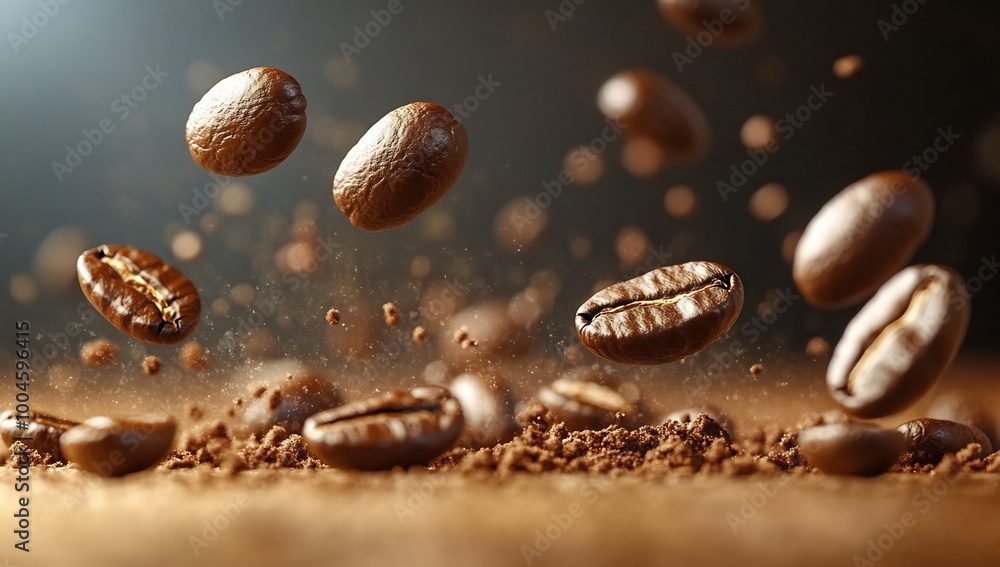 coffee beans falling onto a wooden surface, captured in mid air coffee beans falling onto a wooden surface, captured in mid air
