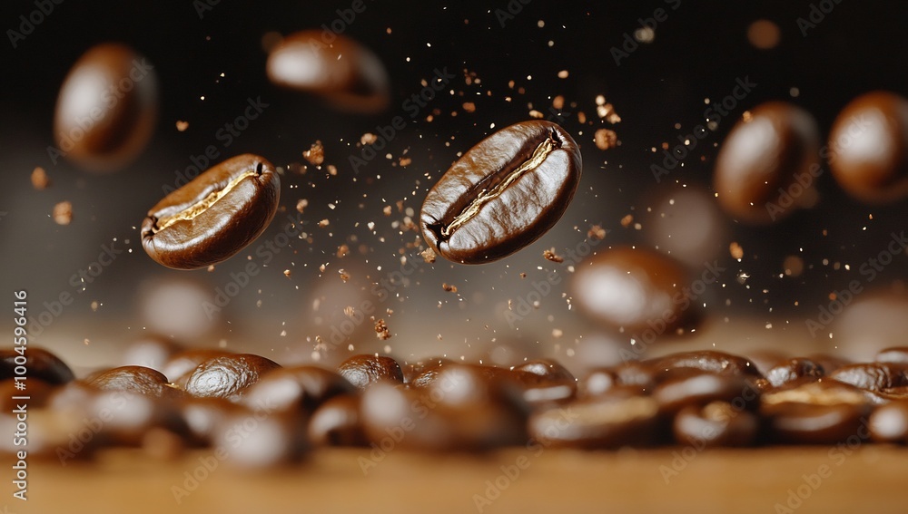coffee beans falling onto a wooden surface, captured in mid air coffee beans falling onto a wooden surface, captured in mid air