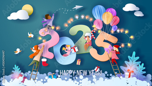 2025 New Year design card with kids on winter landscape background.