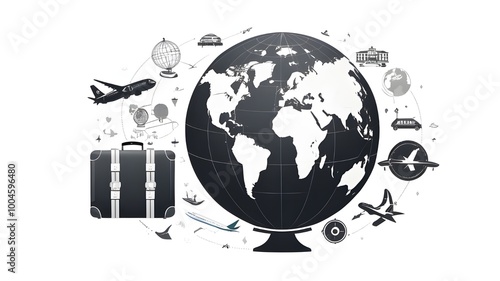 A black flat vector of a globe with travel icons