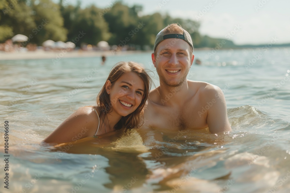 Joven pareja disfrutando el mar un dia soleado.generativa ia Joven pareja disfrutando el mar un dia soleado.generativa ia