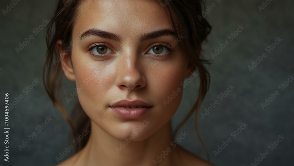 A portrait of a woman with brown hair and glowing skin. A portrait of a woman with brown hair and glowing skin.