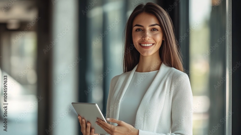 Smiling Woman Holding Tablet in Modern Workspace Smiling Woman Holding Tablet in Modern Workspace