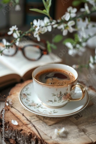 coffee cup ceramic with gold glasses and books and white flowers on wood cozy vibe photo