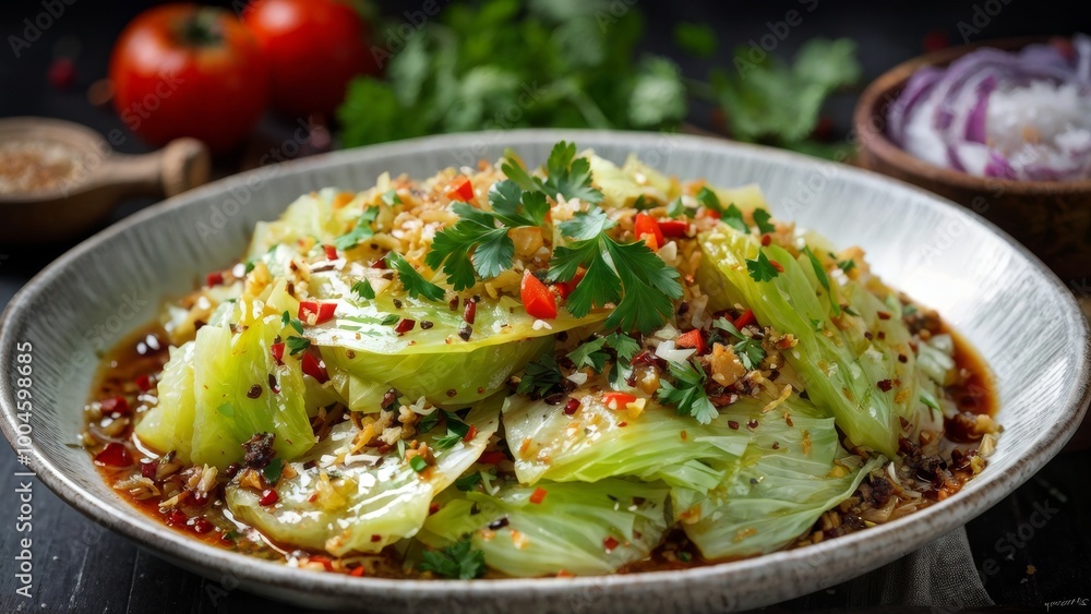 Stewed white cabbage made from grated on a coarse grater and a side dish consisting of finely chopped onions, cumin seeds, ground black pepper, supplemented with a sprinkle of fresh parsley leaves. Stewed white cabbage made from grated on a coarse grater and a side dish consisting of finely chopped onions, cumin seeds, ground black pepper, supplemented with a sprinkle of fresh parsley leaves.