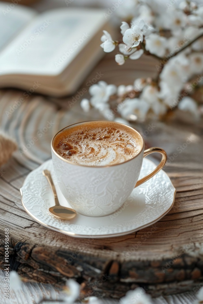 coffee cup ceramic with gold glasses and books and white flowers on wood cozy vibe coffee cup ceramic with gold glasses and books and white flowers on wood cozy vibe
