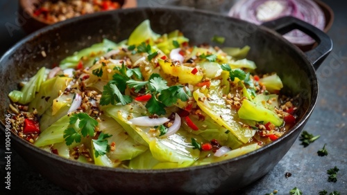 Stewed white cabbage made from grated on a coarse grater and a side dish consisting of finely chopped onions, cumin seeds, ground black pepper, supplemented with a sprinkle of fresh parsley leaves.