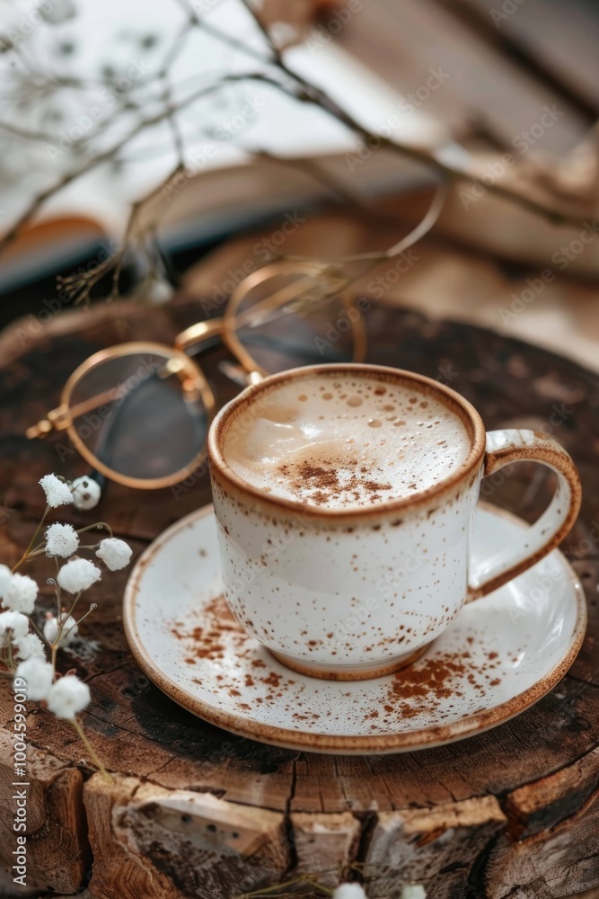 coffee cup ceramic with gold glasses and books and white flowers on wood cozy vibe coffee cup ceramic with gold glasses and books and white flowers on wood cozy vibe