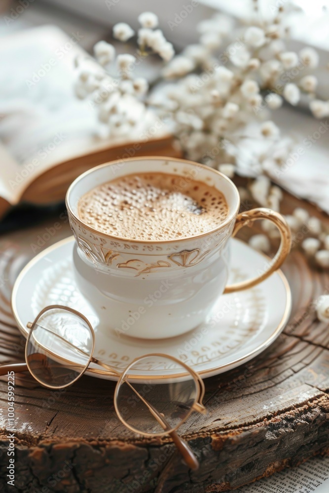 coffee cup ceramic with gold glasses and books and white flowers on wood cozy vibe coffee cup ceramic with gold glasses and books and white flowers on wood cozy vibe