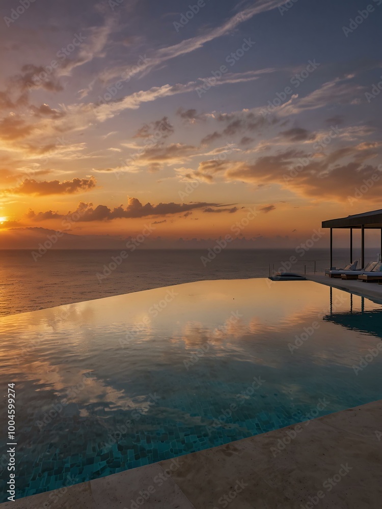 A stunning modern villa featuring an infinity pool with ocean views and a beautiful sunset. A stunning modern villa featuring an infinity pool with ocean views and a beautiful sunset.