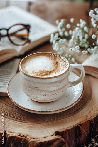 coffee cup ceramic with gold glasses and books and white flowers on wood cozy vibe photo