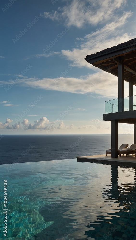 A stylish infinity pool features panoramic ocean views, offering ultimate relaxation and luxury. A stylish infinity pool features panoramic ocean views, offering ultimate relaxation and luxury.