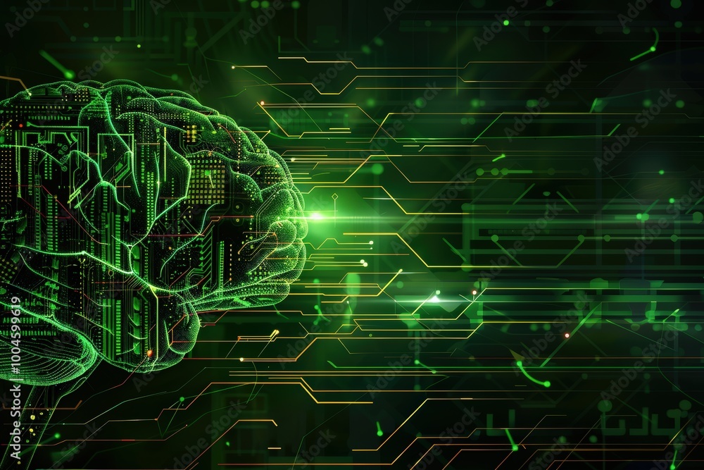 A green digital brain floating on an intricate circuit board background, symbolizing artificial intelligence and technology. A green digital brain floating on an intricate circuit board background, symbolizing artificial intelligence and technology.