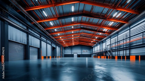 Modern Industrial Warehouse Interior with Steel Beams and High Ceiling