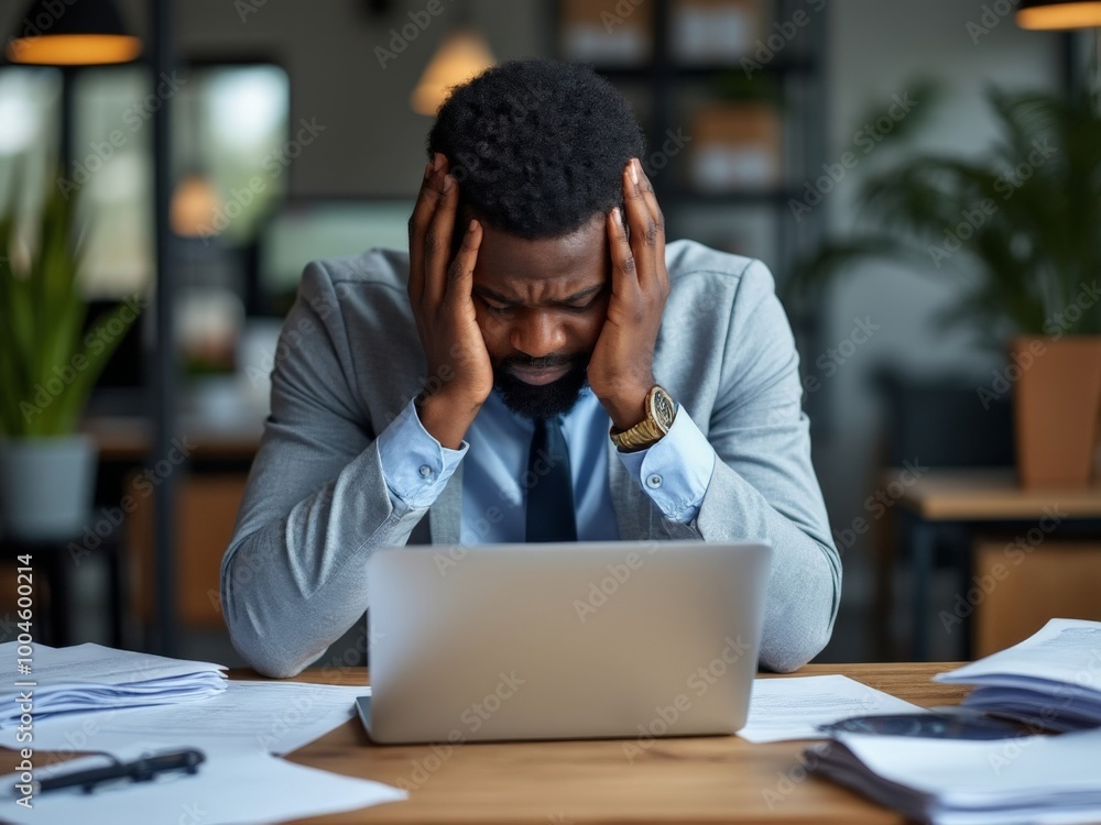 Frustrated African American businessman with hands on head, feeling overwhelmed while working on laptop at office desk Frustrated African American businessman with hands on head, feeling overwhelmed while working on laptop at office desk