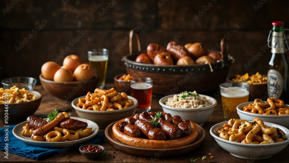 A vibrant Oktoberfest table filled with bratwurst, pretzels, and hearty sides. A vibrant Oktoberfest table filled with bratwurst, pretzels, and hearty sides.