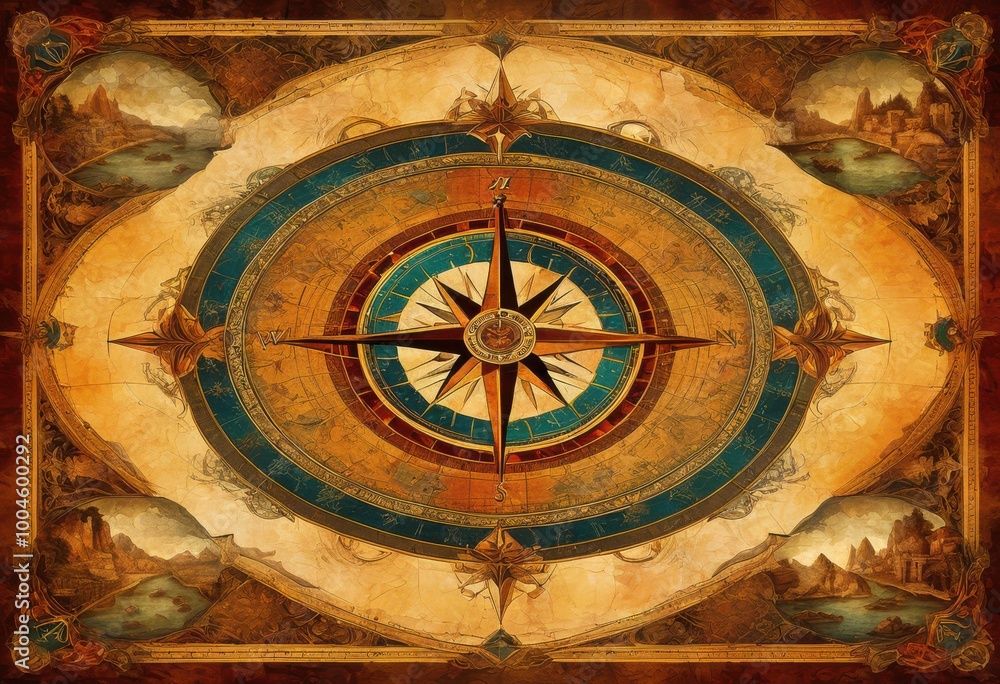 Obraz premium colorful compass design richly textured ancient world map detailed geography features, atlas, beautiful, background, chart, cinematic, coordinates
