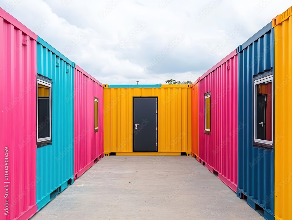 Obraz premium Container shop with street art on containers, metal accents, and an urban market atmosphere, container shop, street art, metal, urban