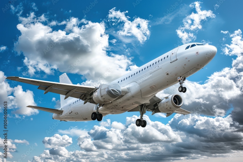 A white airplane is flying through a cloudy sky, generative ai image A white airplane is flying through a cloudy sky, generative ai image