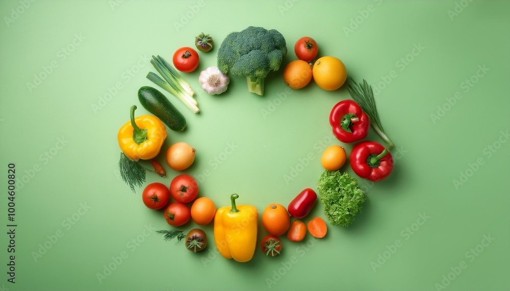 On a color pastel green background, a circle made of fresh vegetables and fruits; conceptual On a color pastel green background, a circle made of fresh vegetables and fruits; conceptual