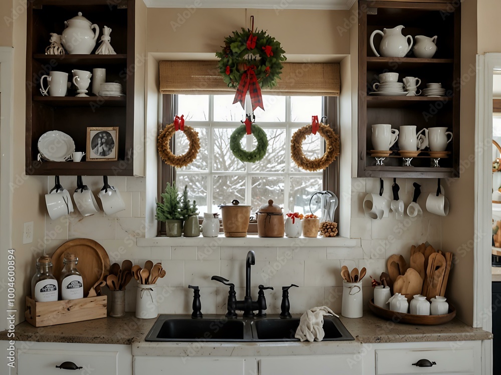A warm winter kitchen adorned with Christmas decorations and stockings. A warm winter kitchen adorned with Christmas decorations and stockings.