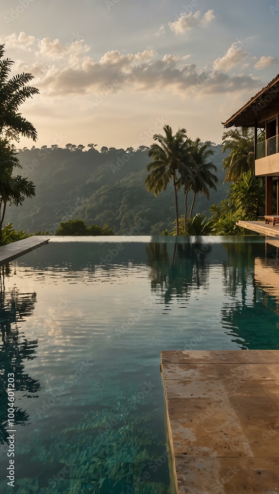 A wide infinity pool adjacent to a luxurious villa, perfect for a peaceful escape blending nature and modernity. A wide infinity pool adjacent to a luxurious villa, perfect for a peaceful escape blending nature and modernity.