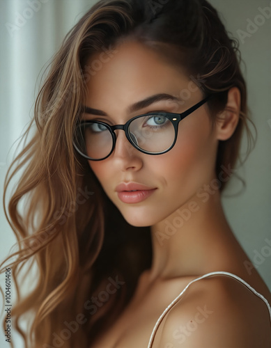 Beautiful woman with glasses. Created with AI. High quality upscale and postproduction.