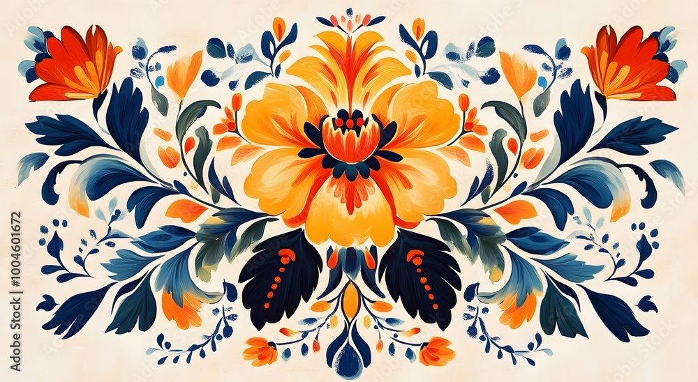 A decorative floral design with traditional Polish folk motifs, featuring stylized flowers in orange and teal on an off-white background. A decorative floral design with traditional Polish folk motifs, featuring stylized flowers in orange and teal on an off-white background.