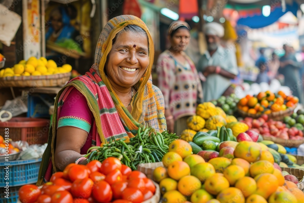 A woman is smiling while holding a basket of fruit, generative ai image