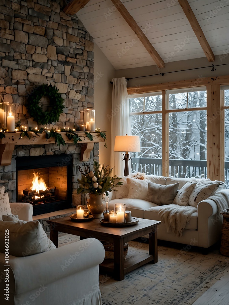 Fototapeta premium A winter living space decorated for Christmas, set against a snowy backdrop.