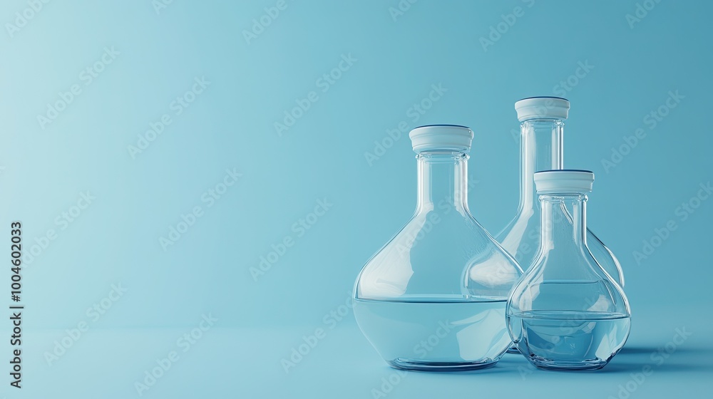 Three glass beakers with clear liquid stand on a blue background with copy space. Three glass beakers with clear liquid stand on a blue background with copy space.