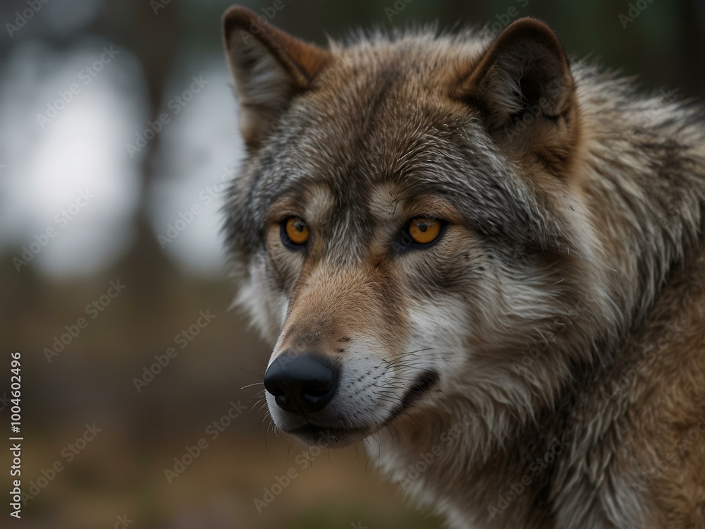 A wolf stares intensely with piercing yellow eyes. A wolf stares intensely with piercing yellow eyes.