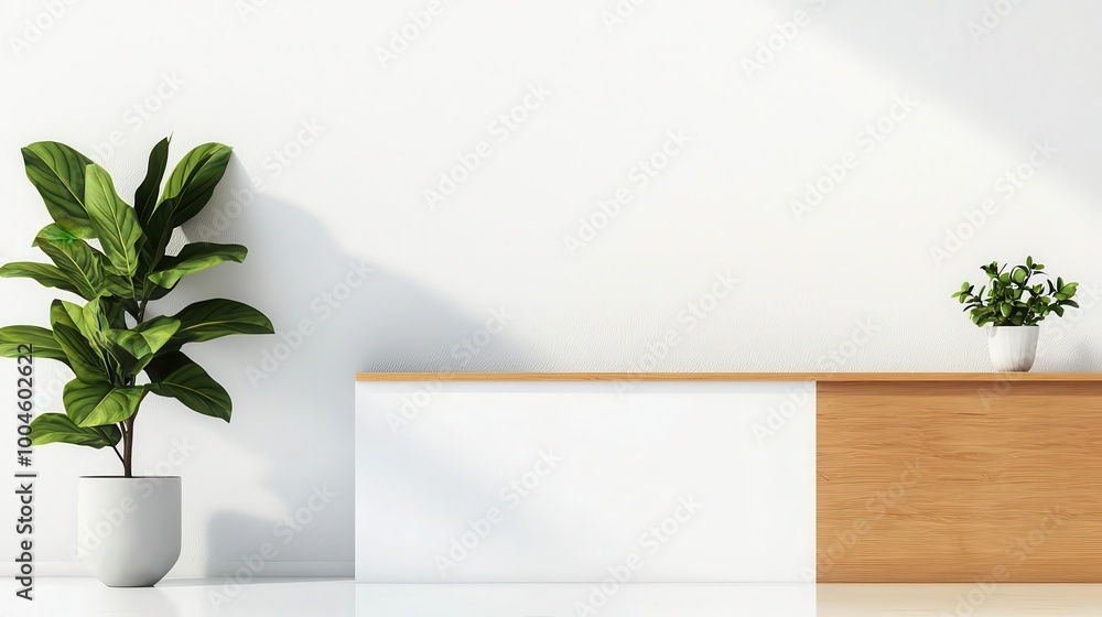 Clinic lobby with a minimalist reception desk, white walls, and a touch of greenery, Clinic interior, modern and serene Clinic lobby with a minimalist reception desk, white walls, and a touch of greenery, Clinic interior, modern and serene