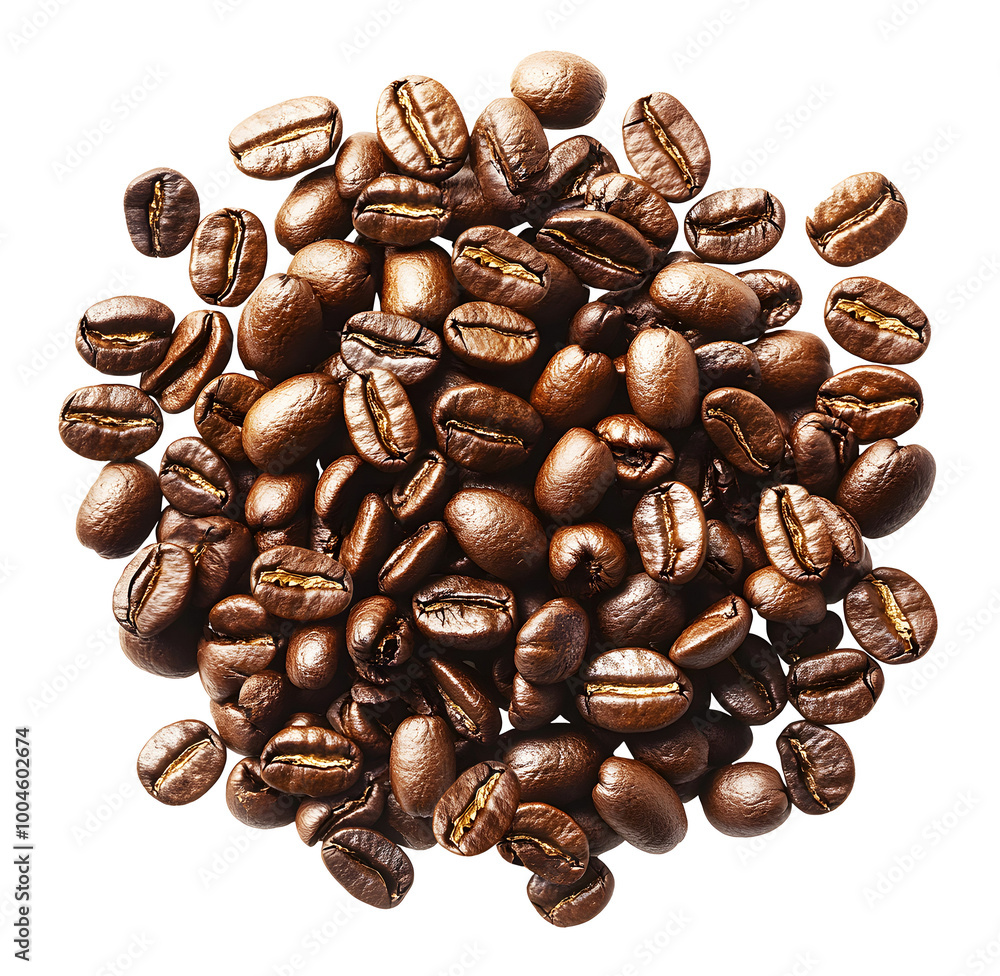 Fototapeta premium Coffee beans isolated on transparent background. Top view. Png format