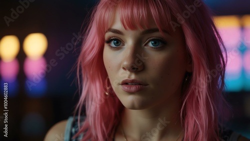 A woman showcases pink hair and neon lighting in a close-up.