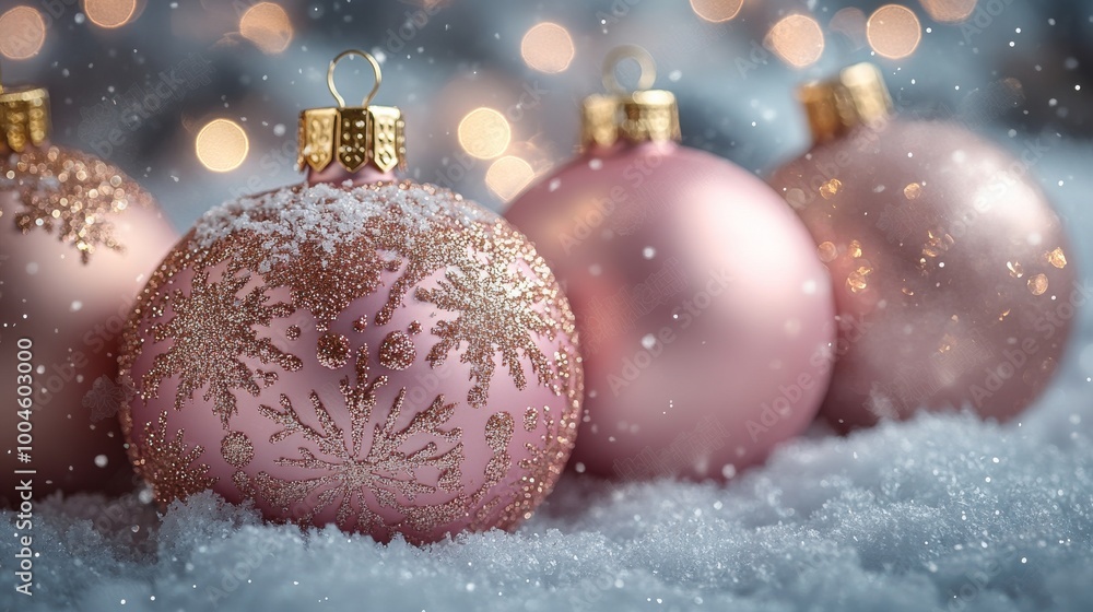 Pink Christmas ornaments in snow with bokeh Pink Christmas ornaments in snow with bokeh