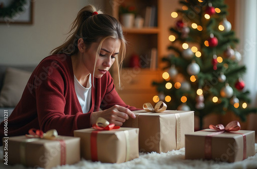 Exhausted mom rushing to wrap Christmas presents for children