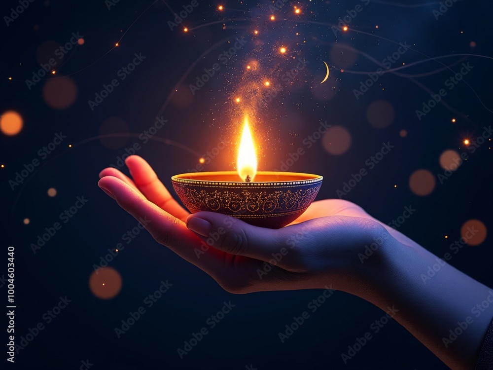 Hand Holding a Lit Diya Lamp in a Starry Night