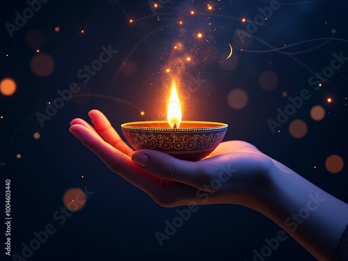 Obraz na płótnie Hand Holding a Lit Diya Lamp in a Starry Night w salonie