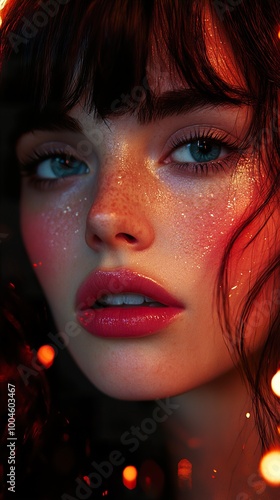 Close-Up Portrait of a Woman with Blue Eyes and Red Lips