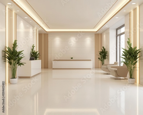 Sleek white clinic reception area with soft lighting and minimalist seating, Clinic interior, modern and calm