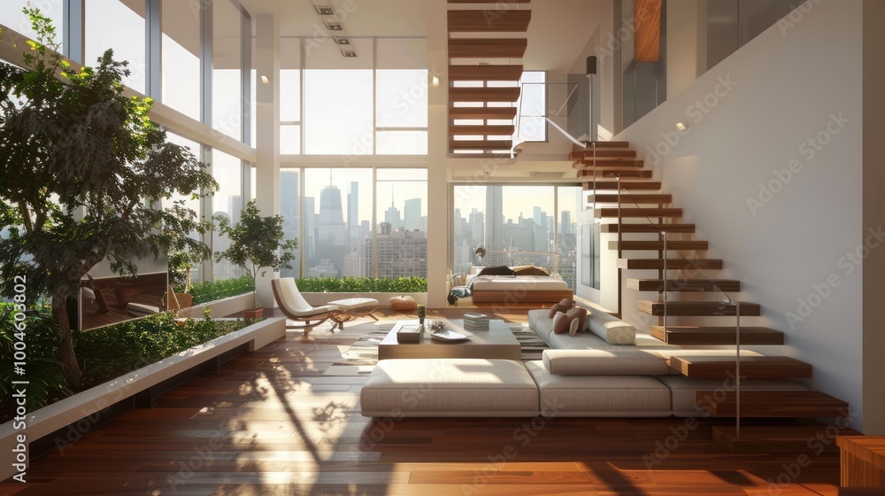 Fototapeta premium Modern Penthouse Living Room with City View
