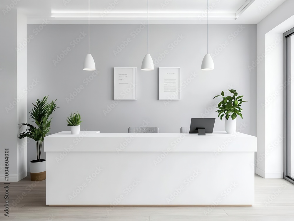 Modern clinic reception area with a sleek, white desk and minimalist decor, Clinic reception, clean lines and calm Modern clinic reception area with a sleek, white desk and minimalist decor, Clinic reception, clean lines and calm