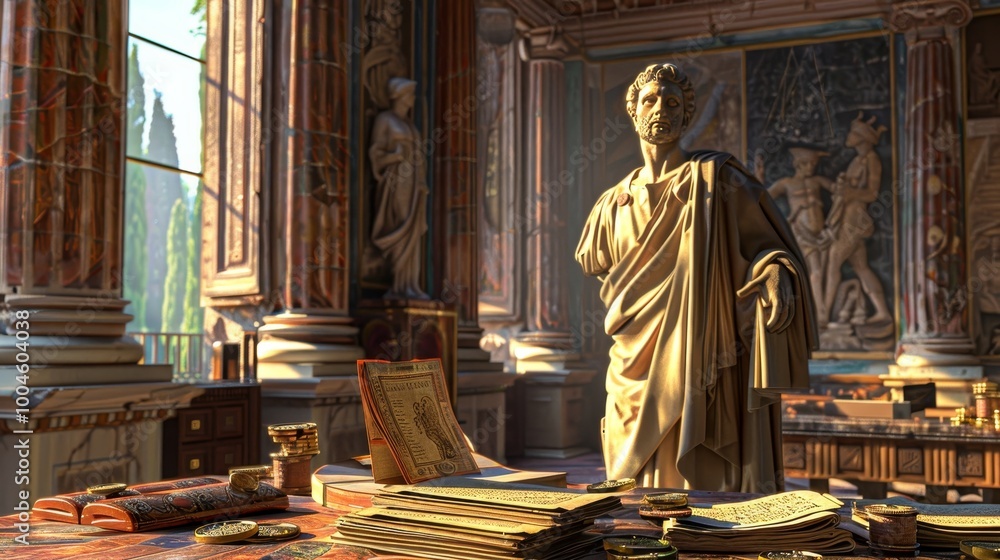 Majestic roman study featuring seneca statue, ancient scrolls, and warm golden light ambiance Majestic roman study featuring seneca statue, ancient scrolls, and warm golden light ambiance