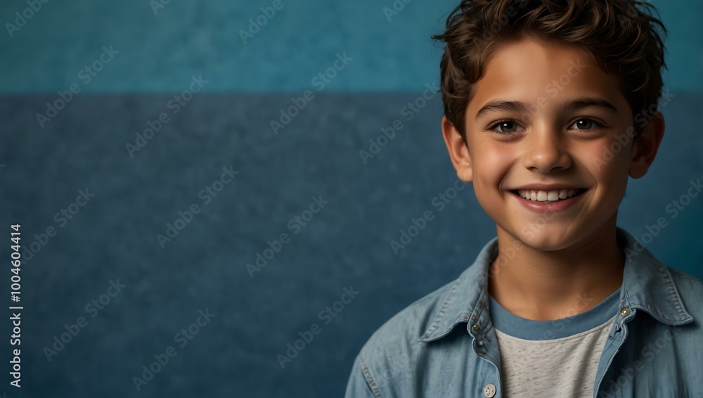 A young boy poses and smiles against a blue background. A young boy poses and smiles against a blue background.