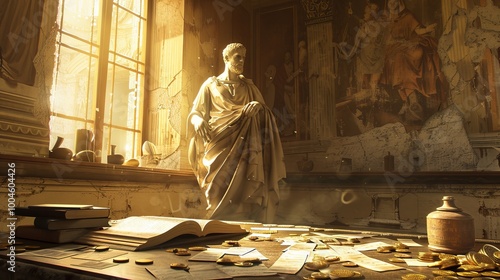 Majestic roman study featuring seneca statue amidst ancient scrolls and illuminated by golden light