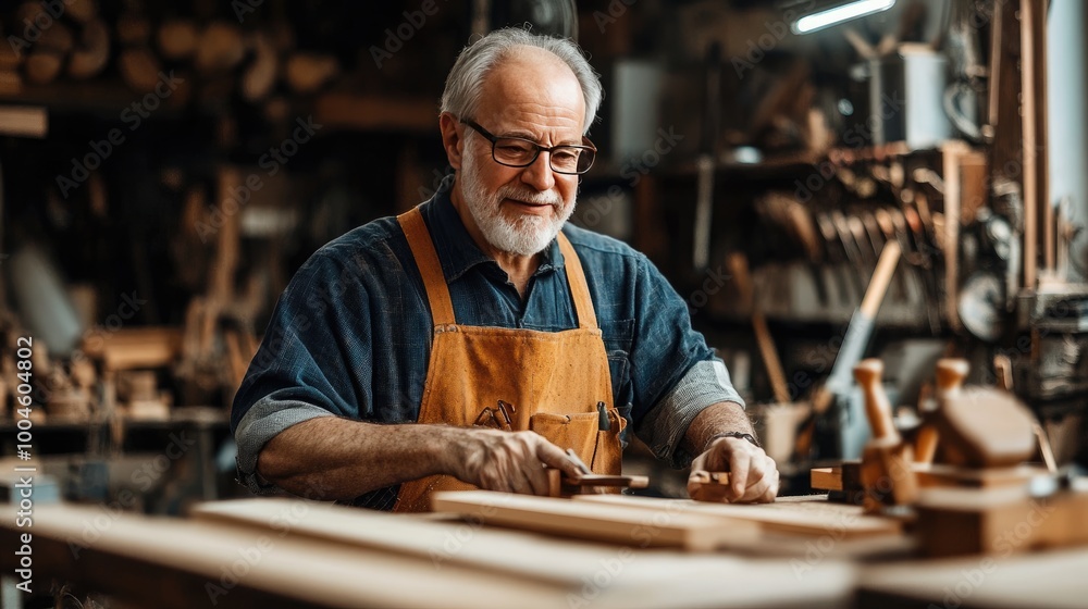 Senior carpenter working in a workshop. This photo shows the dedication and craftsmanship of a skilled artisan, perfect for illustrating the theme of craftsmanship and woodworking. Senior carpenter working in a workshop. This photo shows the dedication and craftsmanship of a skilled artisan, perfect for illustrating the theme of craftsmanship and woodworking.