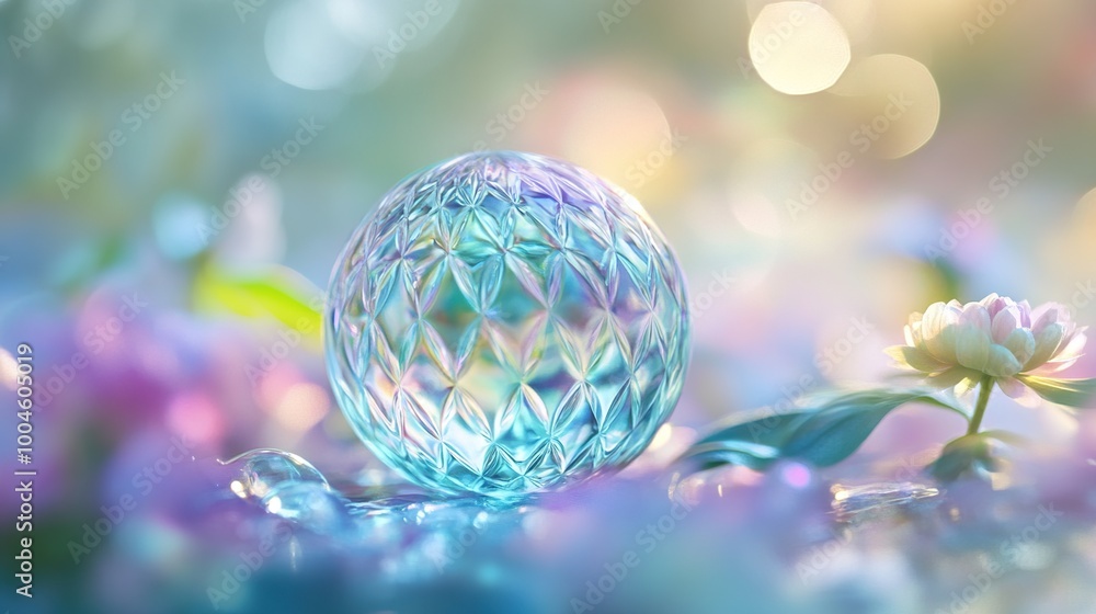 A reflective glass sphere amidst soft floral elements. A reflective glass sphere amidst soft floral elements.