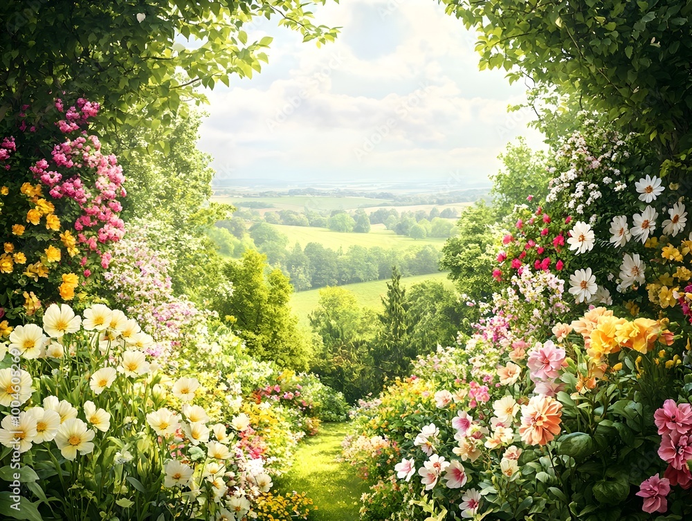 Obraz premium Vibrant blooming flower garden showcasing an array of delicate petals verdant greenery and a picturesque countryside vista in the distance creating a serene and pastoral atmosphere